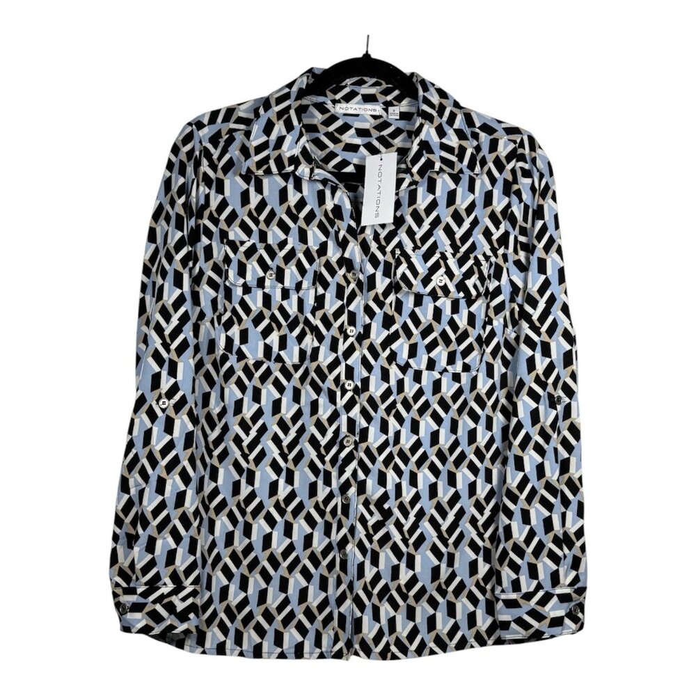 Notations Women’s Button-Up Geometric Pattern Blouse,Size Small, Long Sleeves